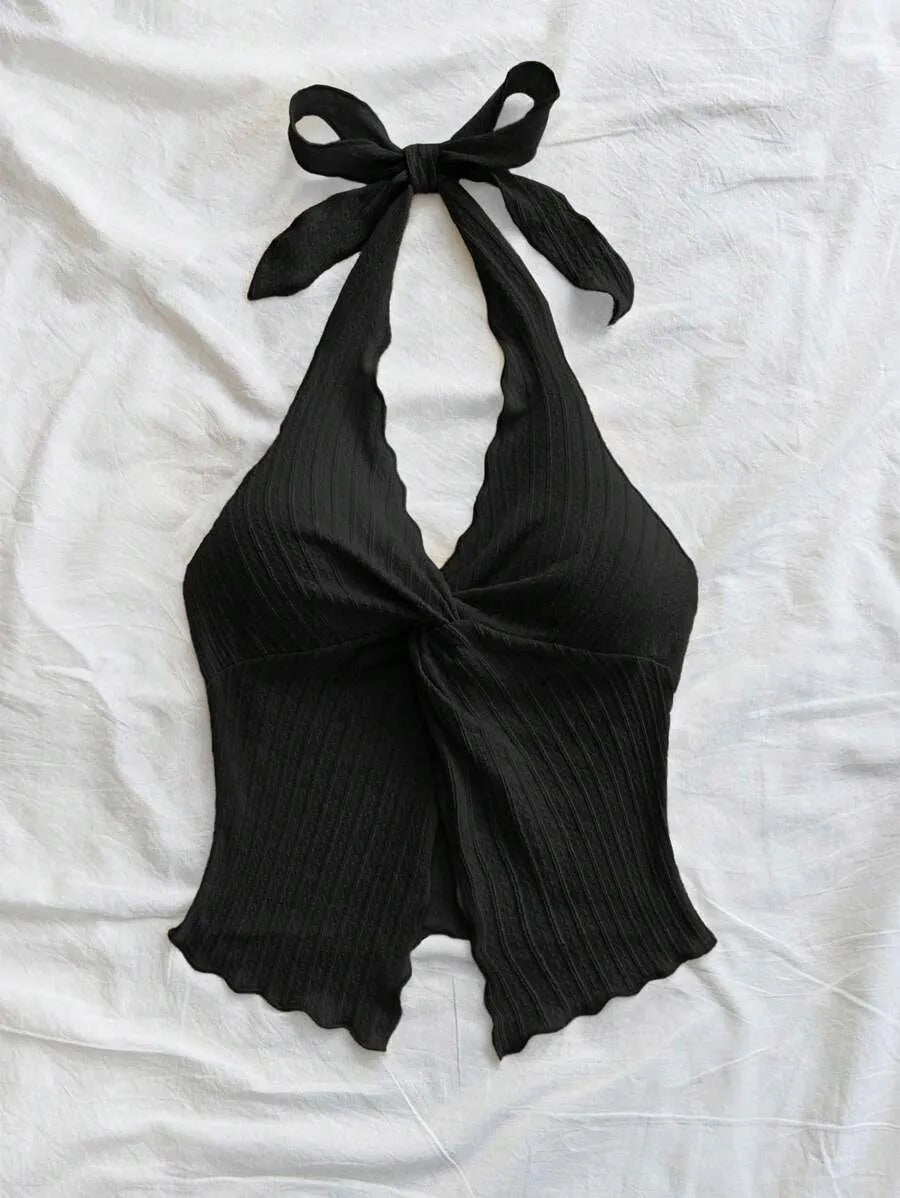 Women's Sexy Halter Neck Open Back Tank Top – Fashionable Tie Knot Hem Detail, Sleeveless Slit Design for Summer Parties, Beach Days & Casual Chic Outfits