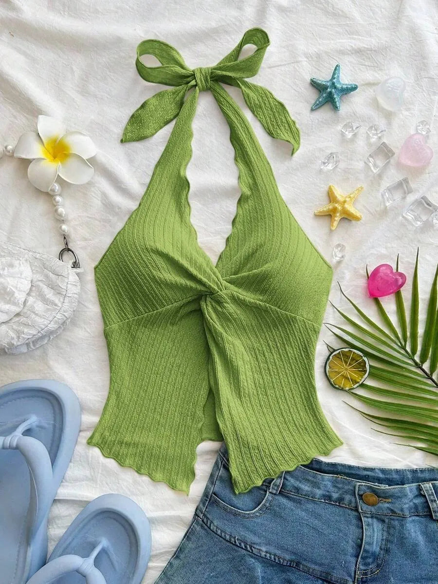 Women's Sexy Halter Neck Open Back Tank Top – Fashionable Tie Knot Hem Detail, Sleeveless Slit Design for Summer Parties, Beach Days & Casual Chic Outfits
