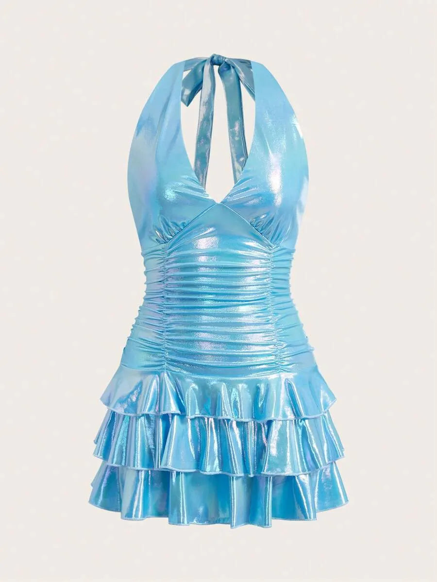 Women’s Y2K Pastel Ruched Ruffle Hem Halter Dress – Fashionable Summer Rave Festival Outfit, Perfect for Beach, Parties & Casual Wear