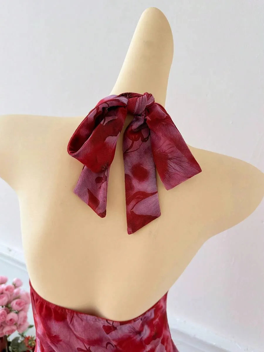 Women's Full Print Halter Neck Dress – Vacation Style with Asymmetrical Ruffle Hem, Lightweight Summer Dress for Beach, Casual & Resort Wear