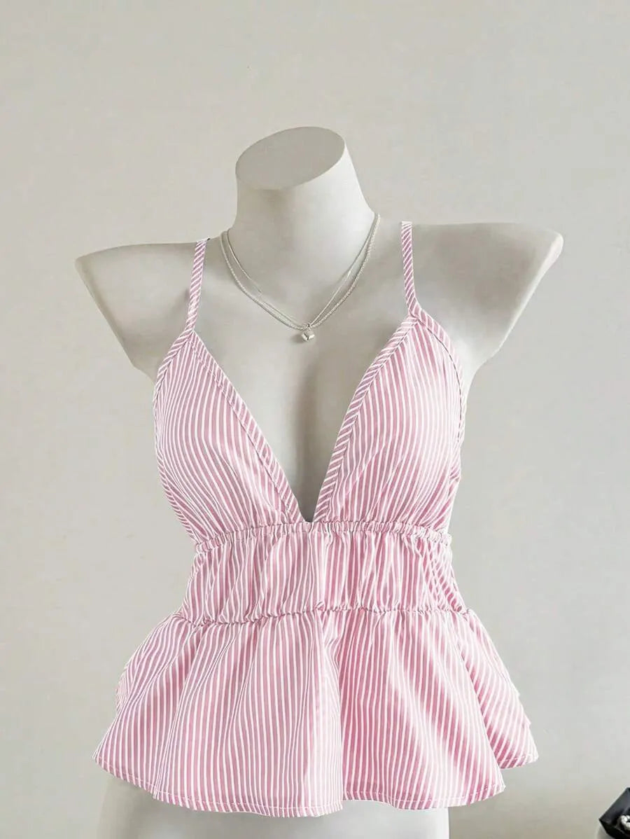 Women's Striped Ruffle Hem Camisole Tank Top – Lightweight Sleeveless Summer Top for Beach, Vacation, Casual Outings & Layered Looks