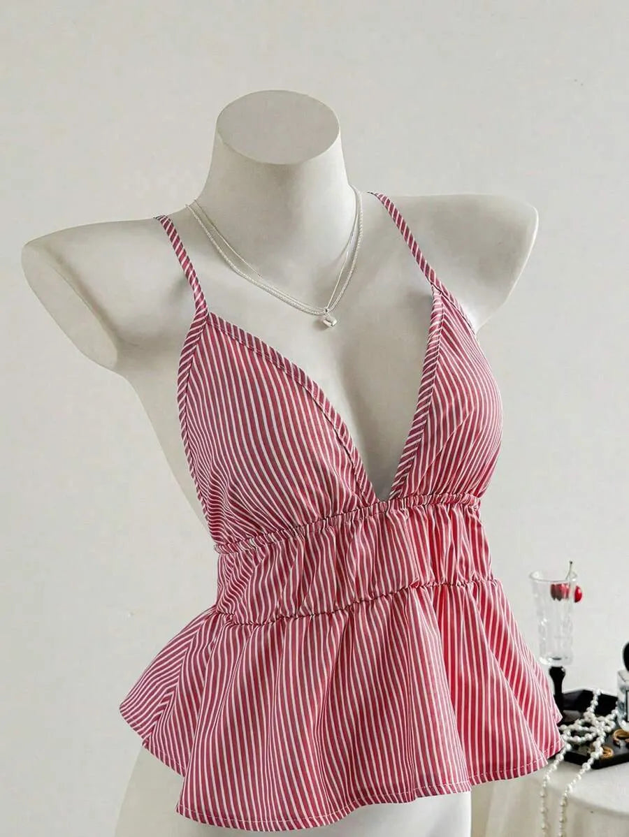 Women's Striped Ruffle Hem Camisole Tank Top – Lightweight Sleeveless Summer Top for Beach, Vacation, Casual Outings & Layered Looks