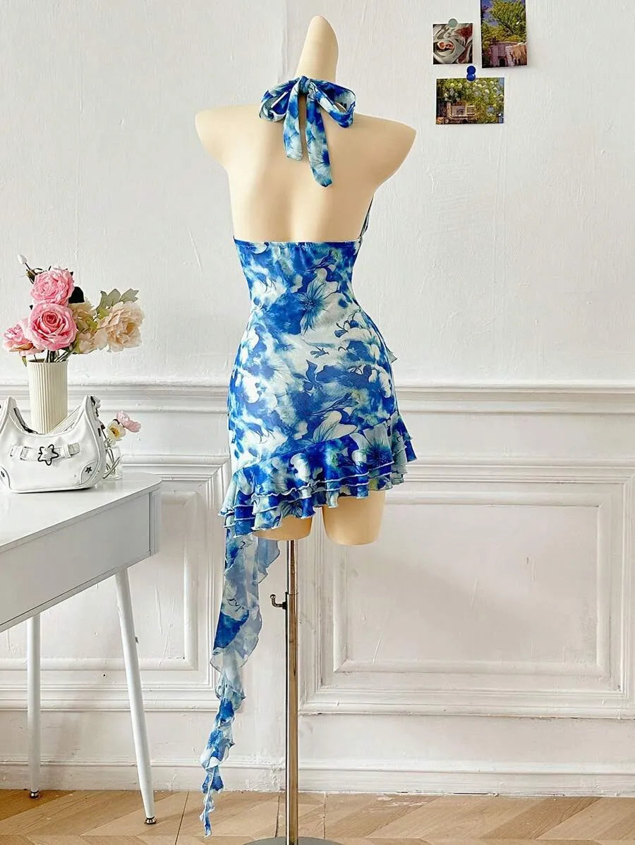 Women's Full Print Halter Neck Dress – Vacation Style with Asymmetrical Ruffle Hem, Lightweight Summer Dress for Beach, Casual & Resort Wear