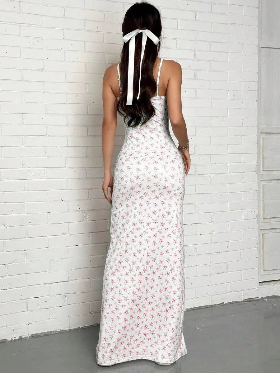 Women's Baby Blue Ditsy Floral Spaghetti Strap Dress – Vacation Summer Dress with Side Slit Hem, Lightweight & Breezy for Beach, Casual & Outdoor Wear