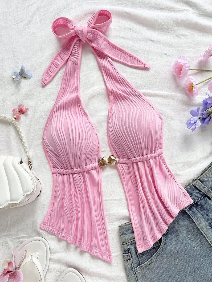 Women's Red Textured Backless Halter Camisole – Sexy V-Neck Boho Style with Metal Detail and Ruffle Hem, Perfect for Beach, Holidays, Dates, Festivals & Summer Vacations