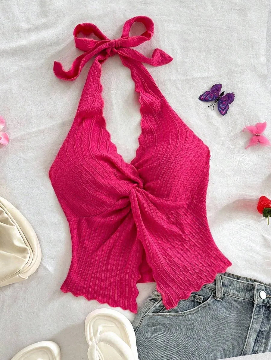 Women's Sexy Halter Neck Open Back Tank Top – Fashionable Tie Knot Hem Detail, Sleeveless Slit Design for Summer Parties, Beach Days & Casual Chic Outfits