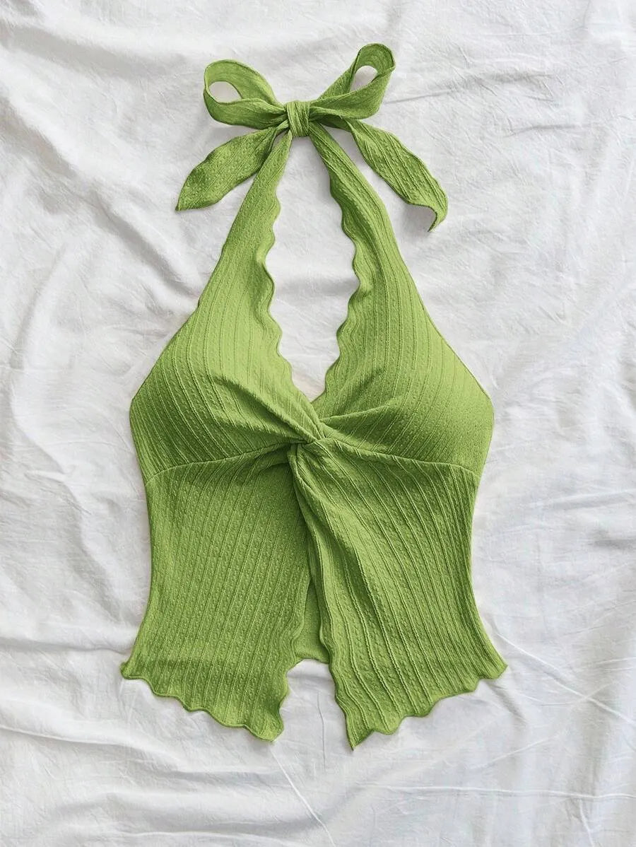 Women's Sexy Halter Neck Open Back Tank Top – Fashionable Tie Knot Hem Detail, Sleeveless Slit Design for Summer Parties, Beach Days & Casual Chic Outfits