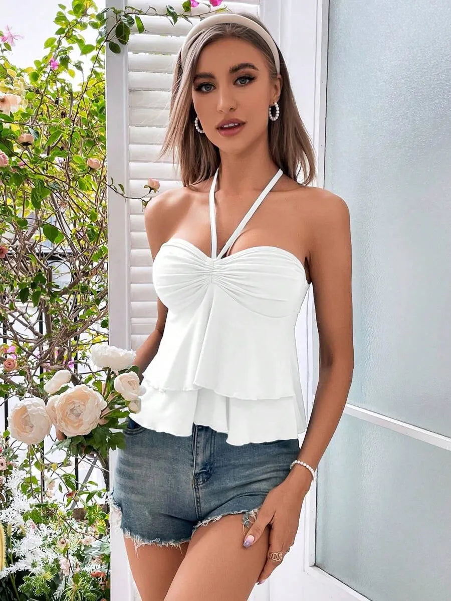 Women's Ruched Bust Halter Top with Tie Back – Stylish Backless Summer Crop Top for Vacation, Beach, Festivals & Casual Daywear