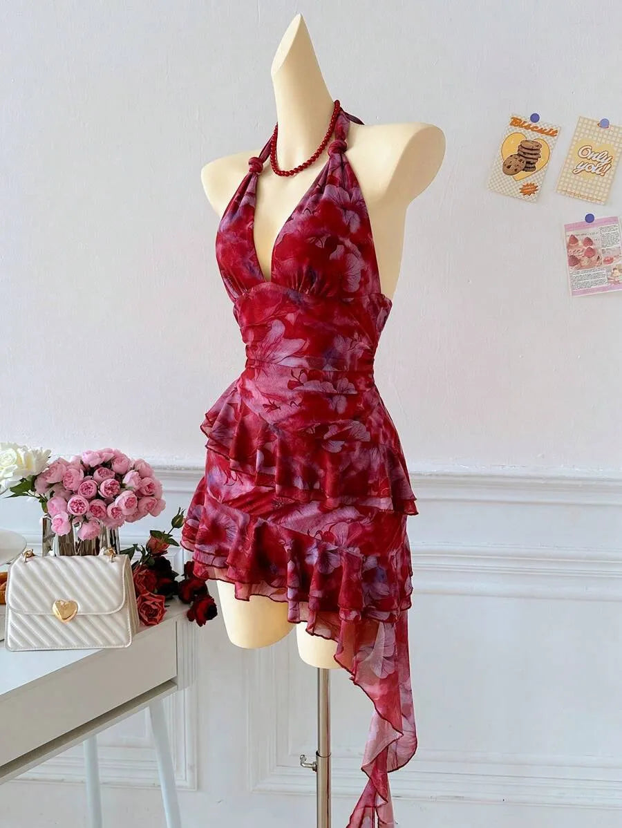 Women's Full Print Halter Neck Dress – Vacation Style with Asymmetrical Ruffle Hem, Lightweight Summer Dress for Beach, Casual & Resort Wear