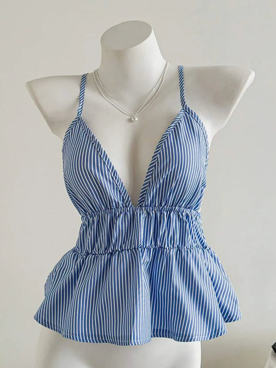 Women's Striped Ruffle Hem Camisole Tank Top – Lightweight Sleeveless Summer Top for Beach, Vacation, Casual Outings & Layered Looks