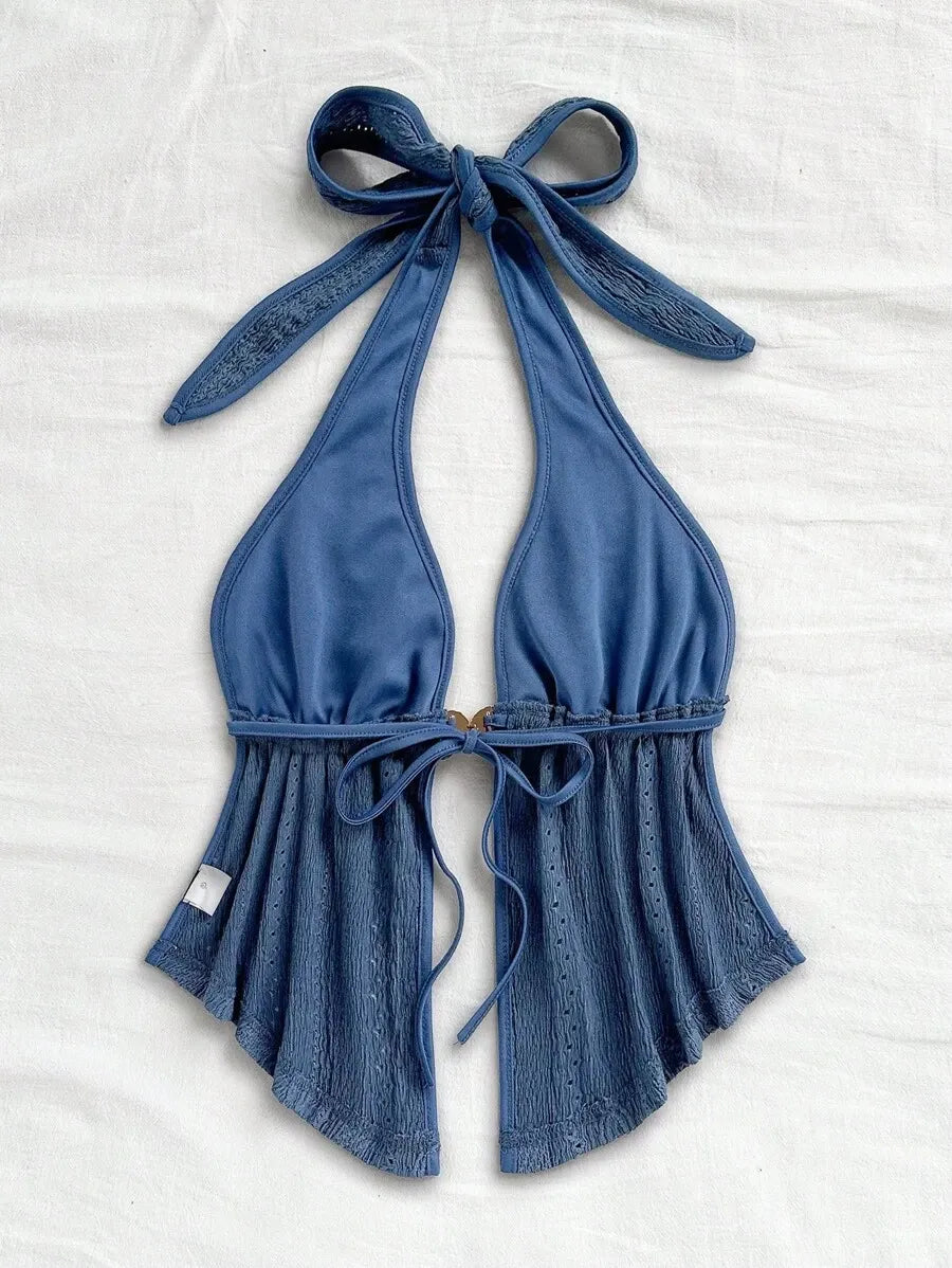 Women's Red Textured Backless Halter Camisole – Sexy V-Neck Boho Style with Metal Detail and Ruffle Hem, Perfect for Beach, Holidays, Dates, Festivals & Summer Vacations