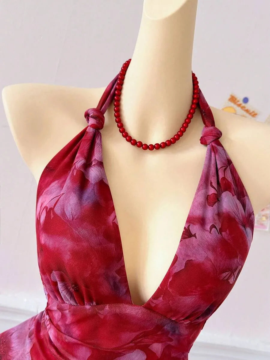 Women's Full Print Halter Neck Dress – Vacation Style with Asymmetrical Ruffle Hem, Lightweight Summer Dress for Beach, Casual & Resort Wear