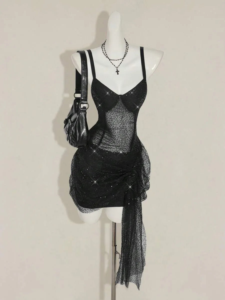 Women’s Y2K Sparkling Ruched One-Shoulder Mini Dress – Sexy Party & Club Outfit with Draped Design, Perfect for Night Out, Events & Special Occasions