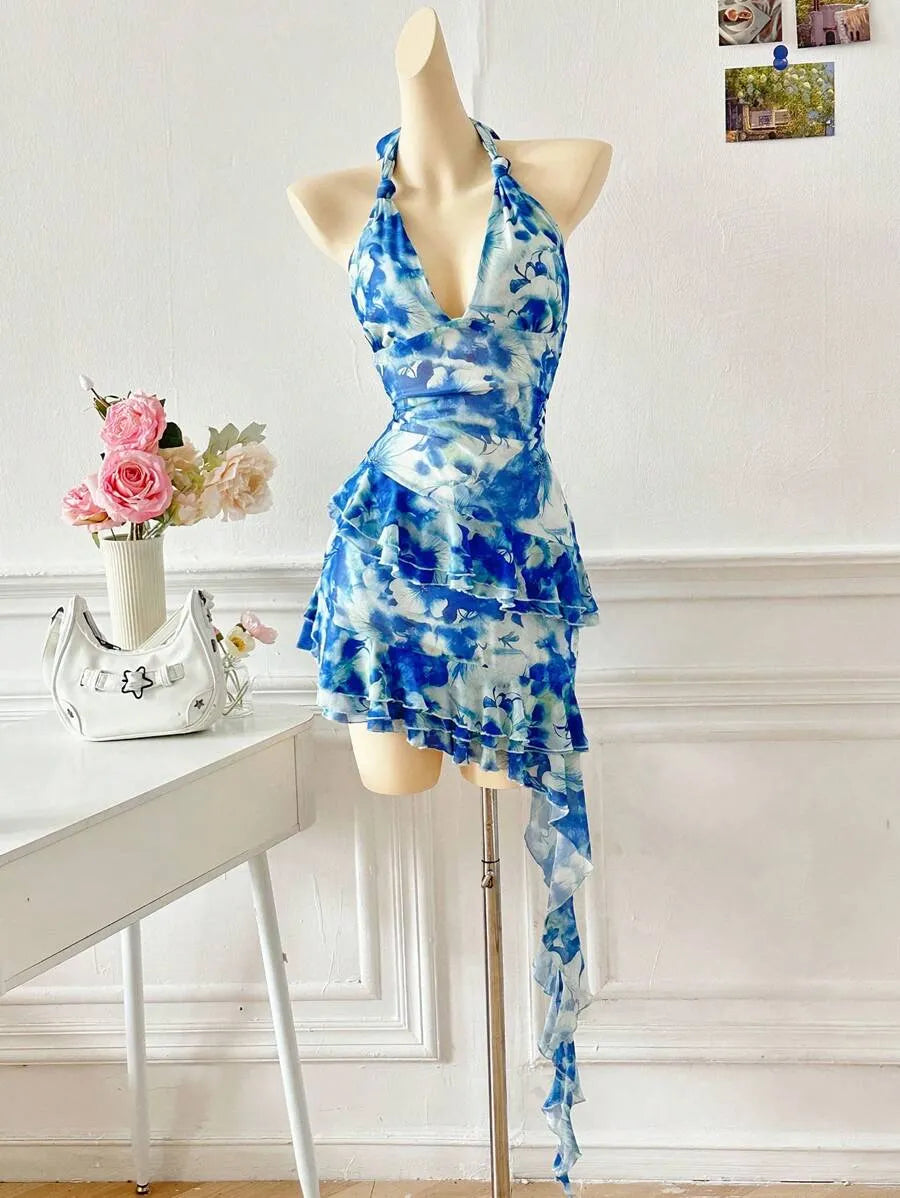 Women's Full Print Halter Neck Dress – Vacation Style with Asymmetrical Ruffle Hem, Lightweight Summer Dress for Beach, Casual & Resort Wear