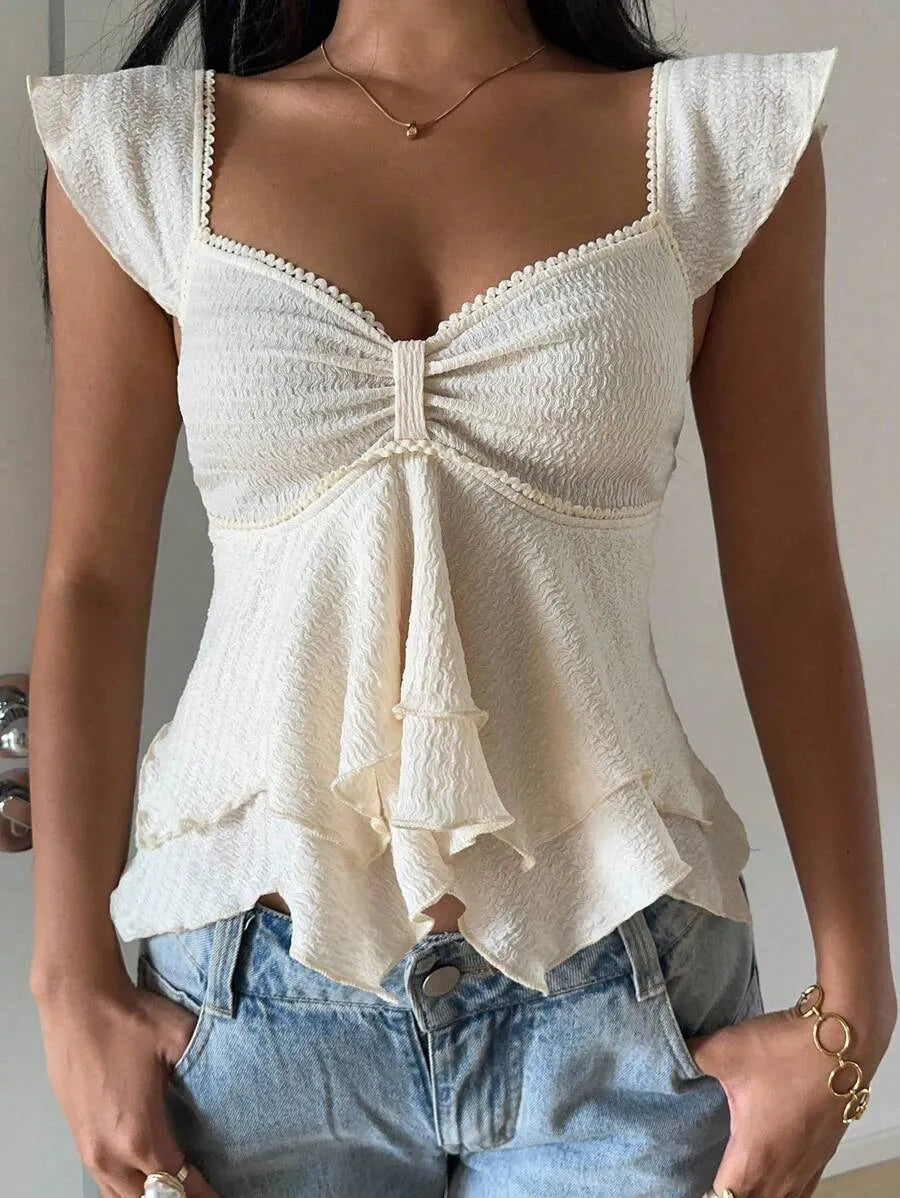 Women's Elegant Puff Sleeve Ruffle Hem Top with Sweetheart Neckline – Stylish Rave-Inspired T-Shirt for Casual, Party, or Evening Outfits – Trendy Slim Fit Blouse