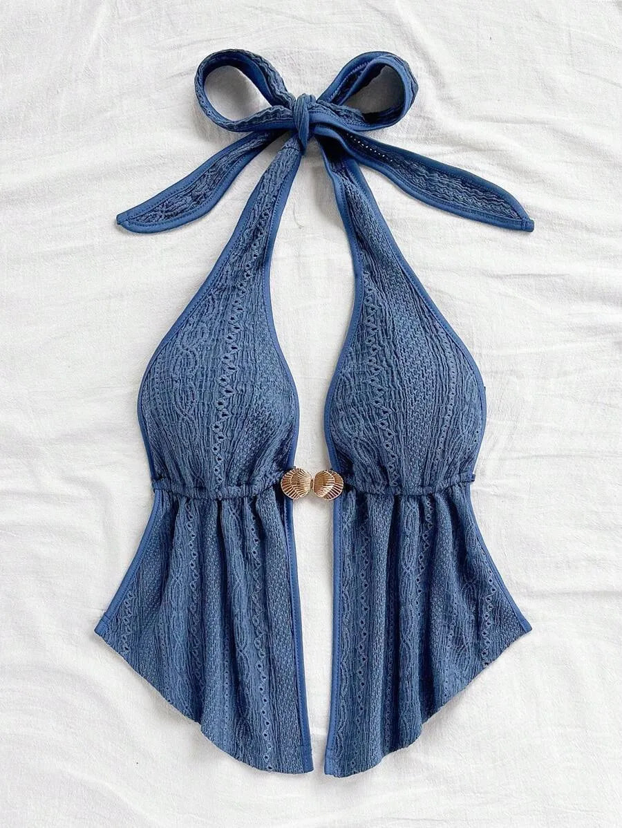 Women's Red Textured Backless Halter Camisole – Sexy V-Neck Boho Style with Metal Detail and Ruffle Hem, Perfect for Beach, Holidays, Dates, Festivals & Summer Vacations