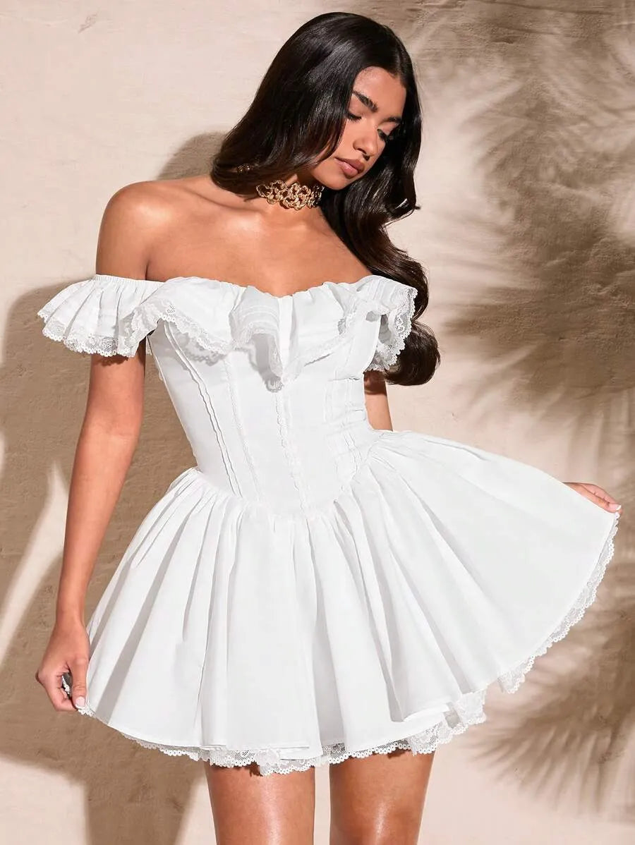 Women's Summer White Off Shoulder Lace Dress – Sexy Sweetheart Neckline with Petal Sleeves, Ruffled Bodice & Lace Edge, Elegant Solid Color Dress for Parties & Special Occasions