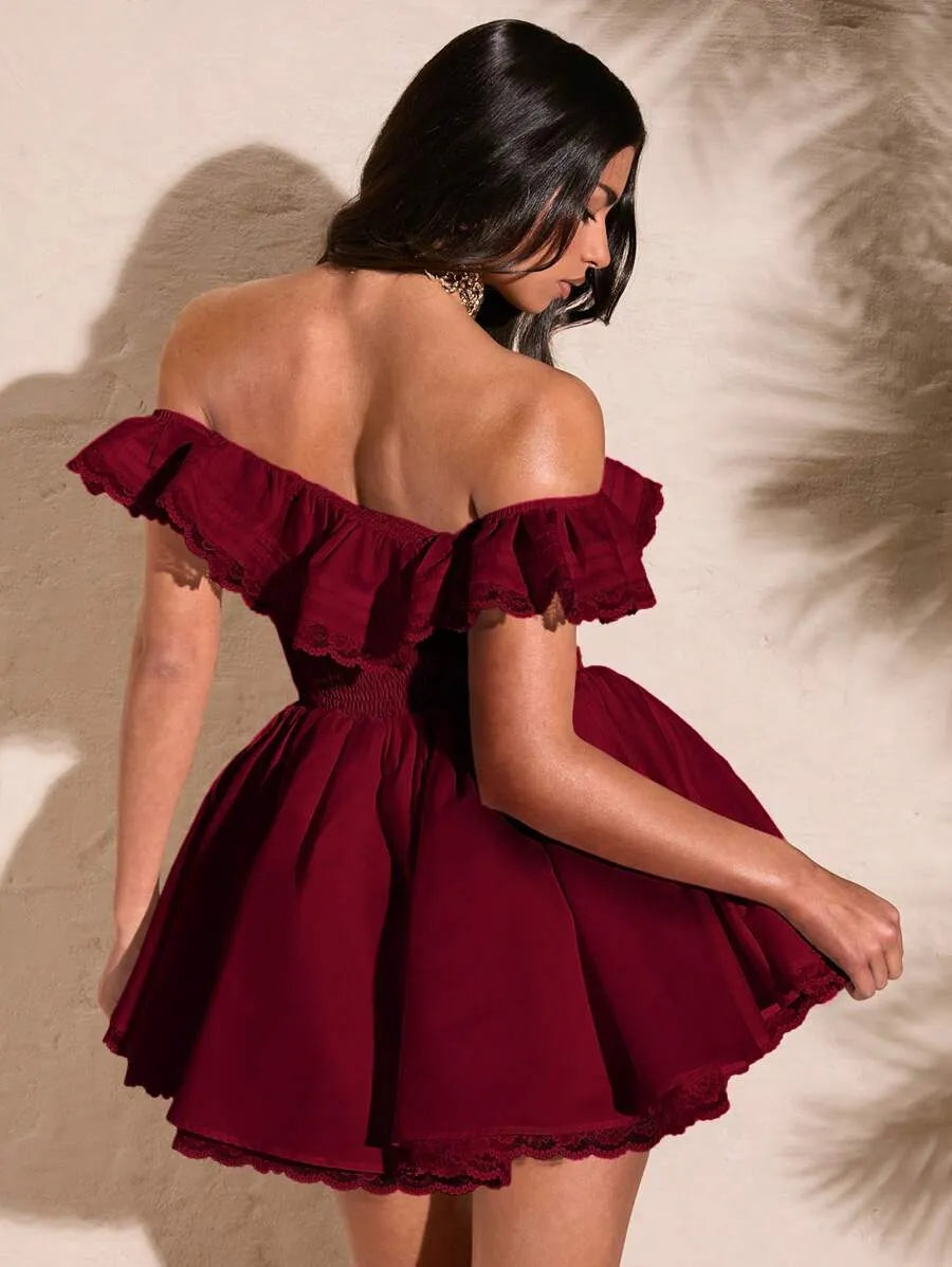 Women's Summer White Off Shoulder Lace Dress – Sexy Sweetheart Neckline with Petal Sleeves, Ruffled Bodice & Lace Edge, Elegant Solid Color Dress for Parties & Special Occasions