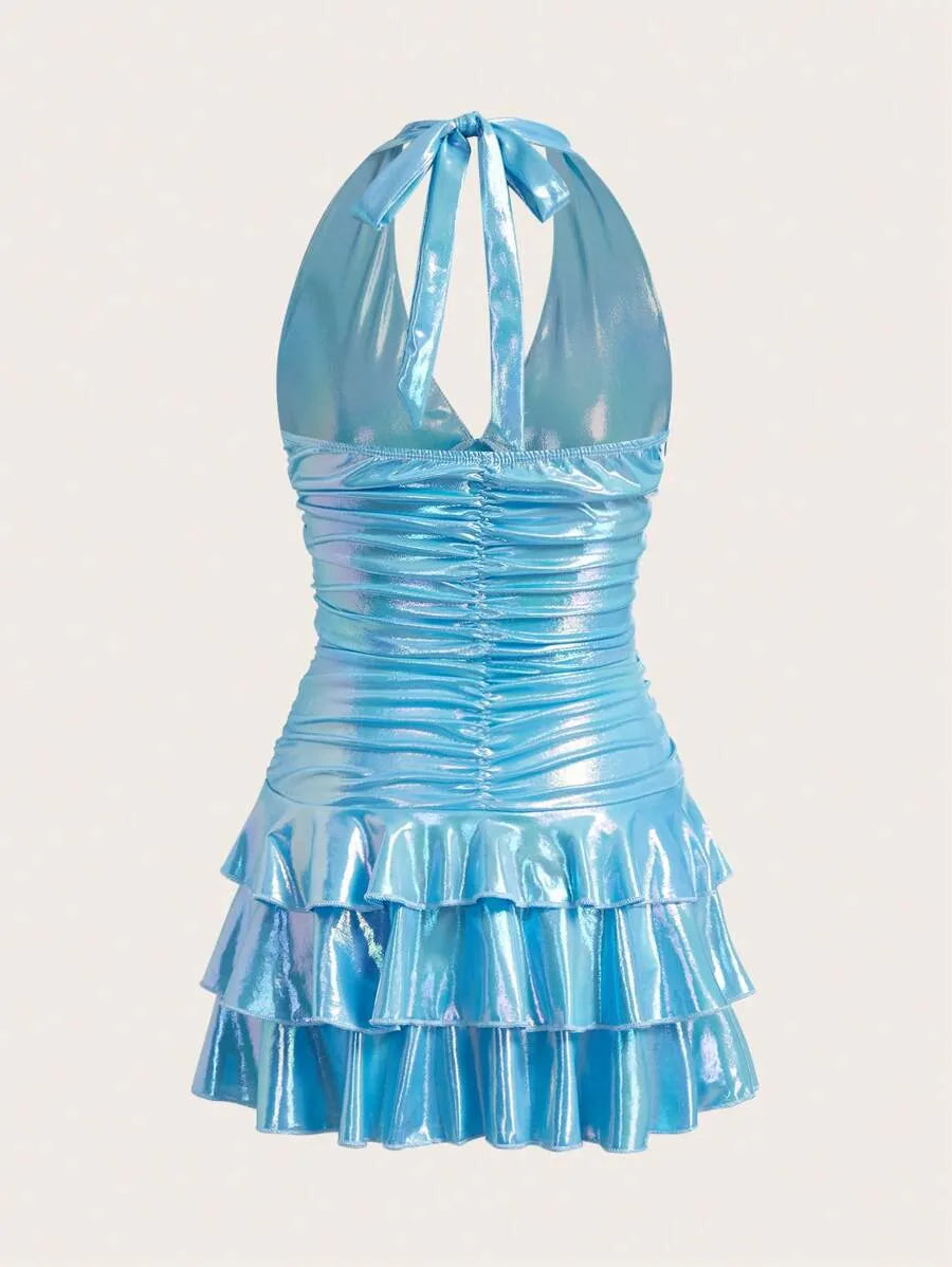 Women’s Y2K Pastel Ruched Ruffle Hem Halter Dress – Fashionable Summer Rave Festival Outfit, Perfect for Beach, Parties & Casual Wear