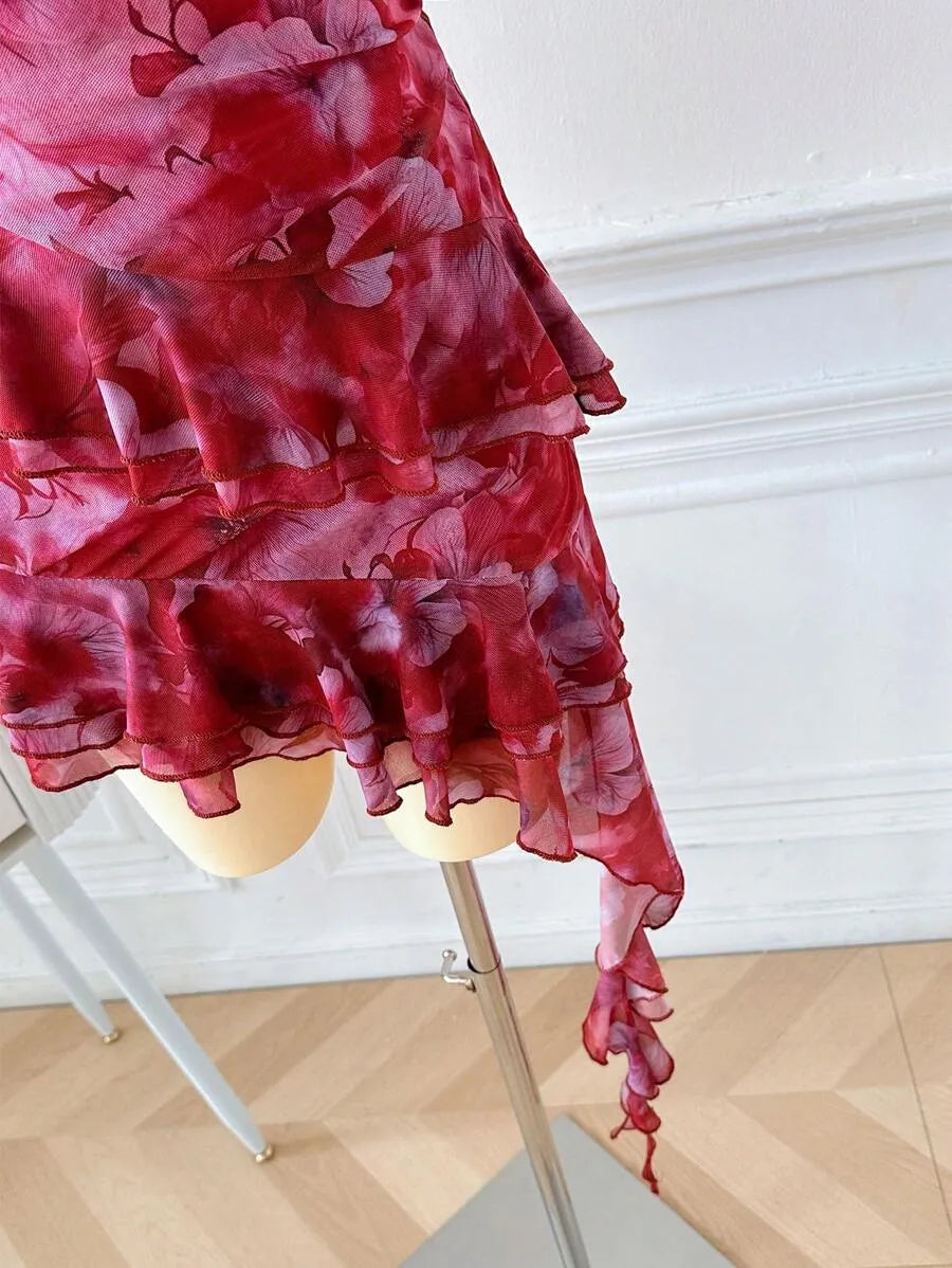 Women's Full Print Halter Neck Dress – Vacation Style with Asymmetrical Ruffle Hem, Lightweight Summer Dress for Beach, Casual & Resort Wear