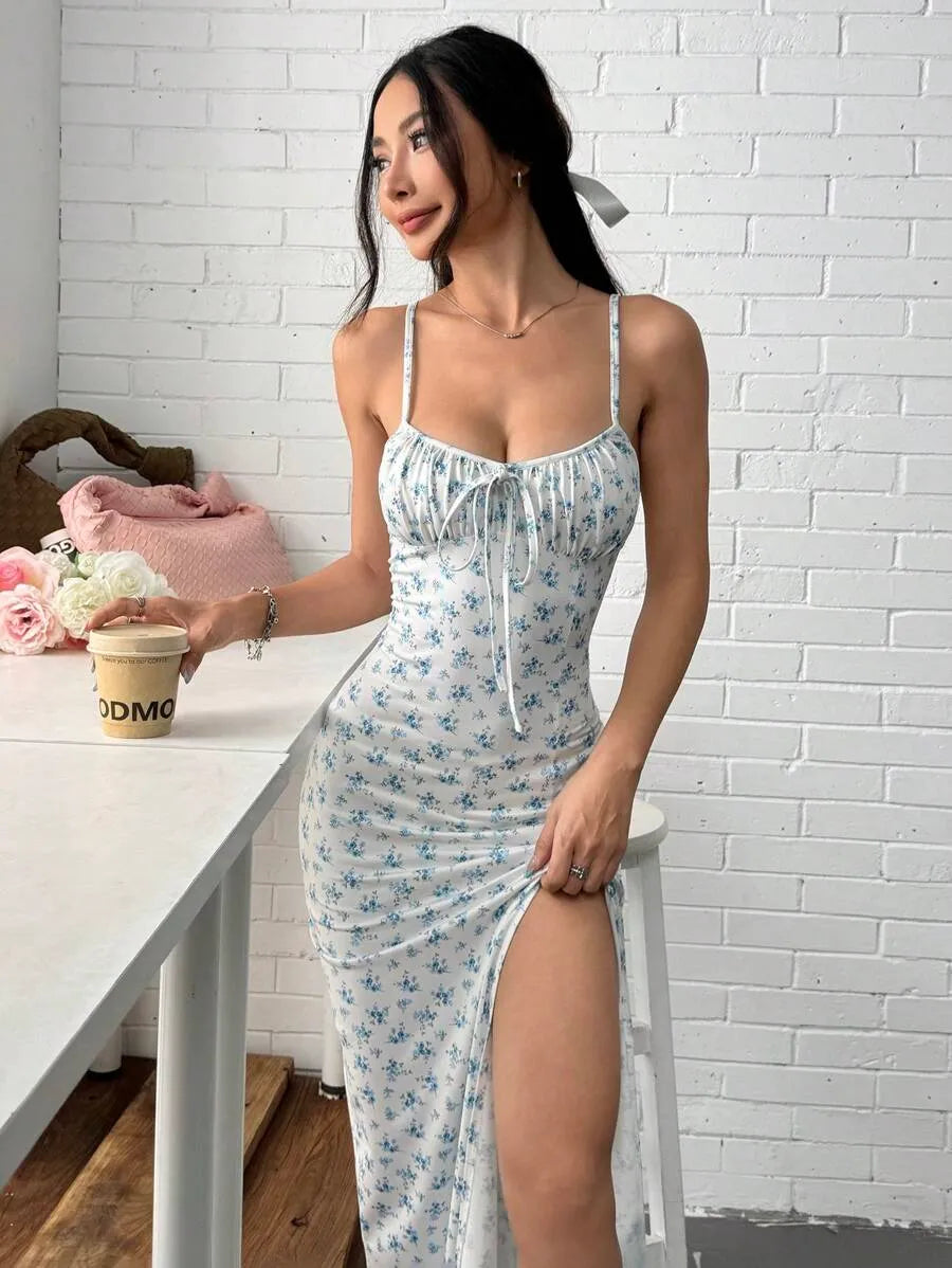 Women's Baby Blue Ditsy Floral Spaghetti Strap Dress – Vacation Summer Dress with Side Slit Hem, Lightweight & Breezy for Beach, Casual & Outdoor Wear