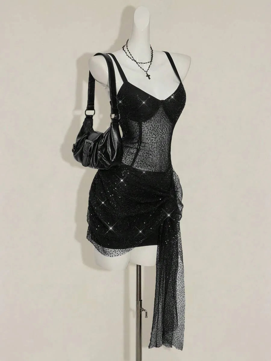 Women’s Y2K Sparkling Ruched One-Shoulder Mini Dress – Sexy Party & Club Outfit with Draped Design, Perfect for Night Out, Events & Special Occasions