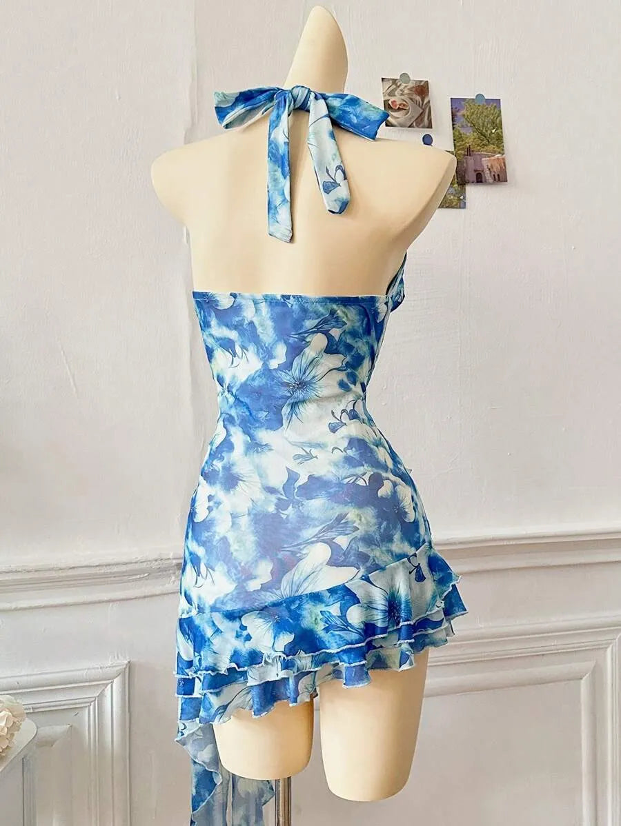 Women's Full Print Halter Neck Dress – Vacation Style with Asymmetrical Ruffle Hem, Lightweight Summer Dress for Beach, Casual & Resort Wear