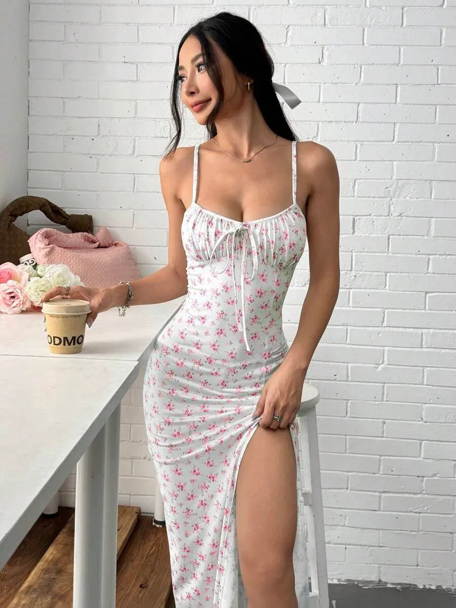 Women's Baby Blue Ditsy Floral Spaghetti Strap Dress – Vacation Summer Dress with Side Slit Hem, Lightweight & Breezy for Beach, Casual & Outdoor Wear