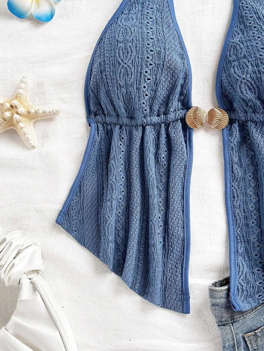 Women's Red Textured Backless Halter Camisole – Sexy V-Neck Boho Style with Metal Detail and Ruffle Hem, Perfect for Beach, Holidays, Dates, Festivals & Summer Vacations