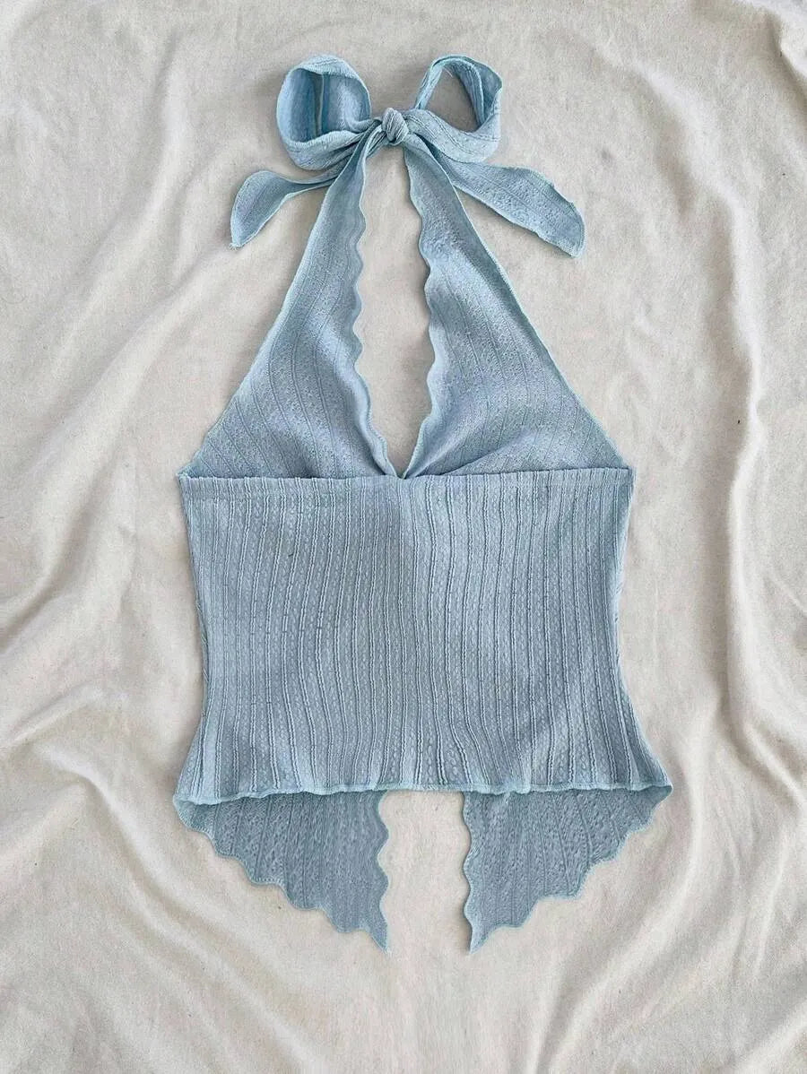 Women's Sexy Halter Neck Open Back Tank Top – Fashionable Tie Knot Hem Detail, Sleeveless Slit Design for Summer Parties, Beach Days & Casual Chic Outfits