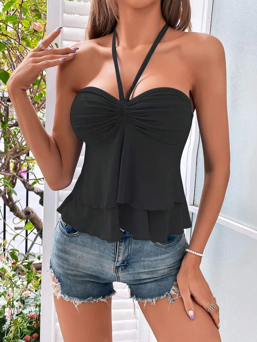 Women's Ruched Bust Halter Top with Tie Back – Stylish Backless Summer Crop Top for Vacation, Beach, Festivals & Casual Daywear