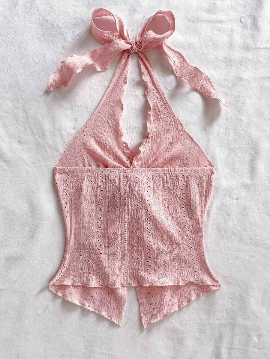 Women's Sexy Halter Neck Open Back Tank Top – Fashionable Tie Knot Hem Detail, Sleeveless Slit Design for Summer Parties, Beach Days & Casual Chic Outfits