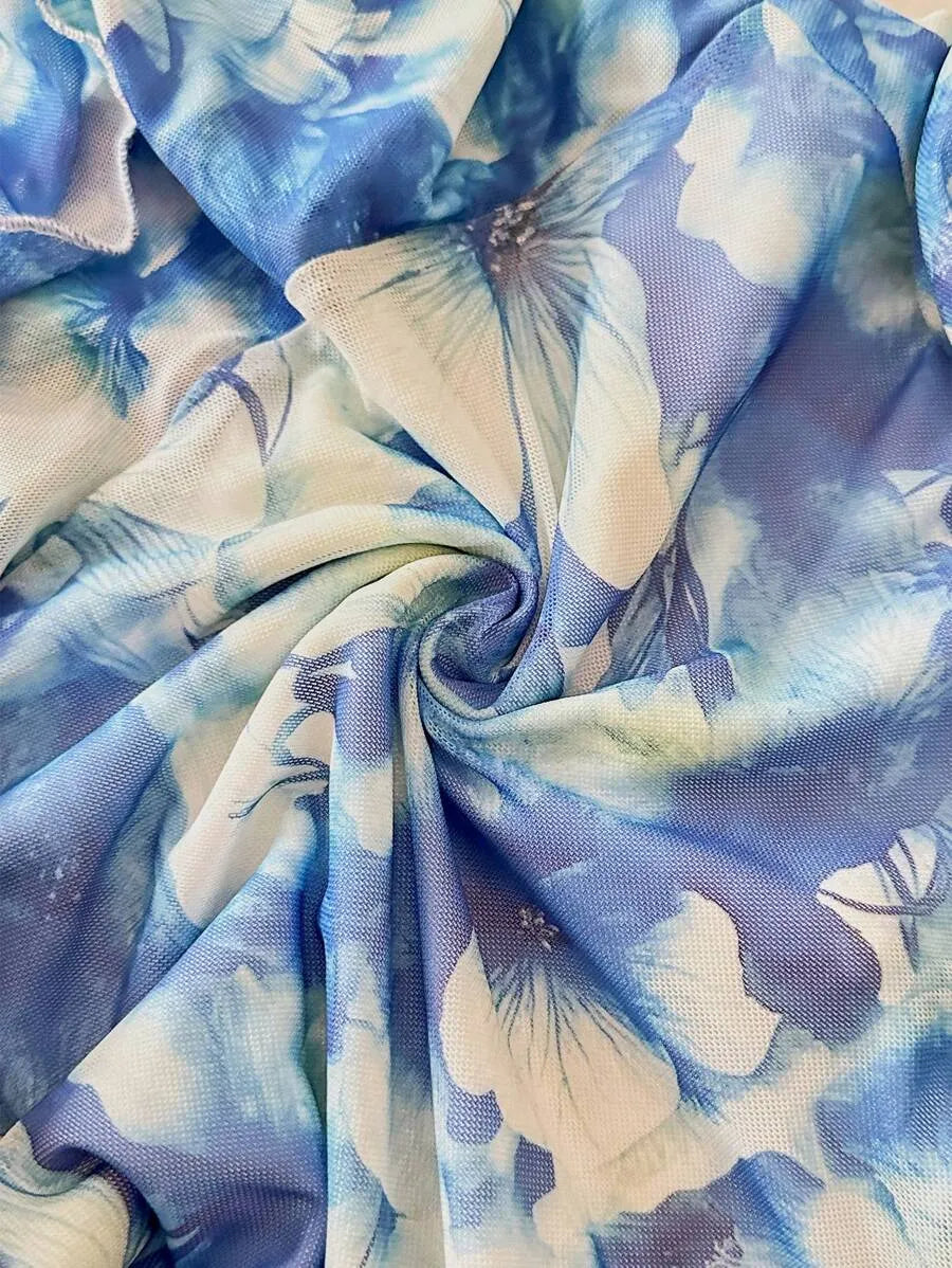 Women's Full Print Halter Neck Dress – Vacation Style with Asymmetrical Ruffle Hem, Lightweight Summer Dress for Beach, Casual & Resort Wear