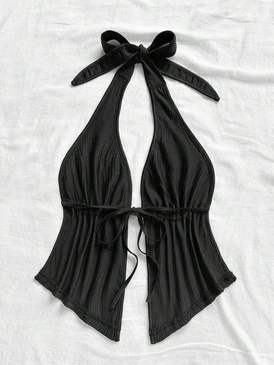 Women's Red Textured Backless Halter Camisole – Sexy V-Neck Boho Style with Metal Detail and Ruffle Hem, Perfect for Beach, Holidays, Dates, Festivals & Summer Vacations