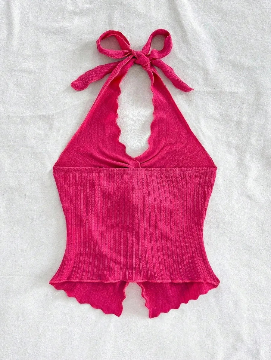 Women's Sexy Halter Neck Open Back Tank Top – Fashionable Tie Knot Hem Detail, Sleeveless Slit Design for Summer Parties, Beach Days & Casual Chic Outfits