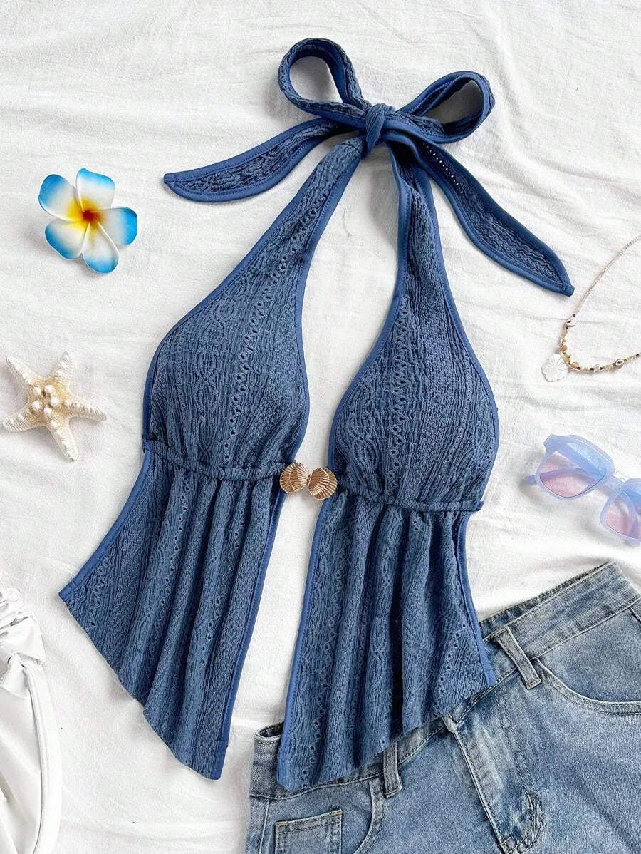 Women's Red Textured Backless Halter Camisole – Sexy V-Neck Boho Style with Metal Detail and Ruffle Hem, Perfect for Beach, Holidays, Dates, Festivals & Summer Vacations