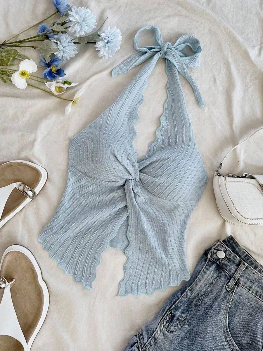 Women's Sexy Halter Neck Open Back Tank Top – Fashionable Tie Knot Hem Detail, Sleeveless Slit Design for Summer Parties, Beach Days & Casual Chic Outfits