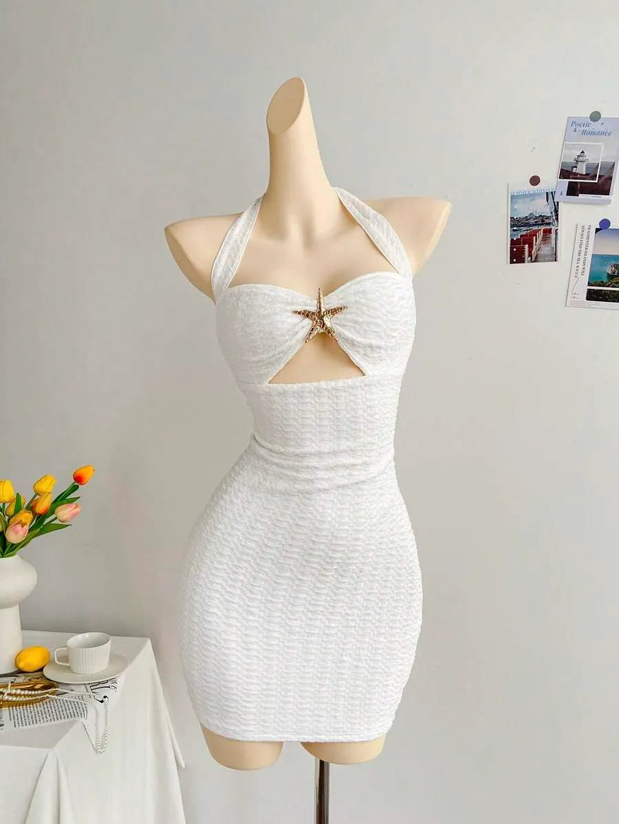Women's White Knit Textured Halter Mini Dress – Vacation Style with Tie Bow, Hollow Chest, Ruched Fit, Metallic Starfish Decor, Slim Sexy Dress for Party, Date, Beach & Summer Outfits