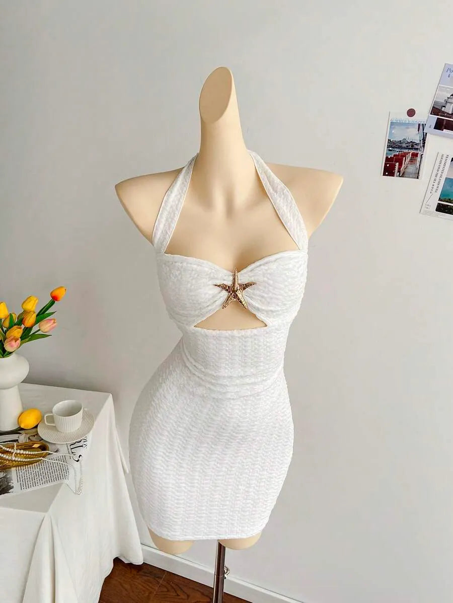 Women's White Knit Textured Halter Mini Dress – Vacation Style with Tie Bow, Hollow Chest, Ruched Fit, Metallic Starfish Decor, Slim Sexy Dress for Party, Date, Beach & Summer Outfits
