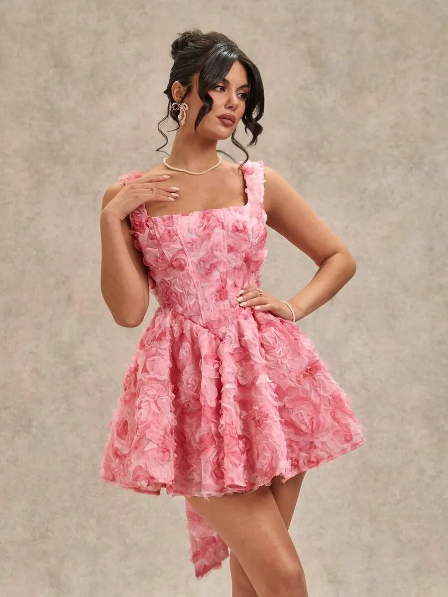 Women's Pink 3D Rose Flower Mini Dress – Spring & Summer Square Neck Spaghetti Strap Backless Design with Bowknot Puff Sleeves, Perfect for Valentine's Day, Parties, Romantic Dates, Bridesmaid & Casual Wear