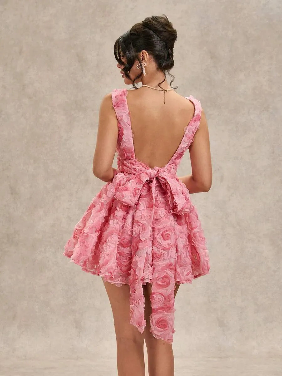 Women's Pink 3D Rose Flower Mini Dress – Spring & Summer Square Neck Spaghetti Strap Backless Design with Bowknot Puff Sleeves, Perfect for Valentine's Day, Parties, Romantic Dates, Bridesmaid & Casual Wear