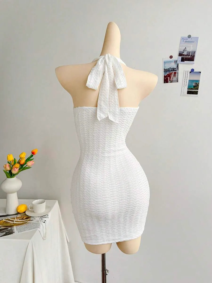 Women's White Knit Textured Halter Mini Dress – Vacation Style with Tie Bow, Hollow Chest, Ruched Fit, Metallic Starfish Decor, Slim Sexy Dress for Party, Date, Beach & Summer Outfits